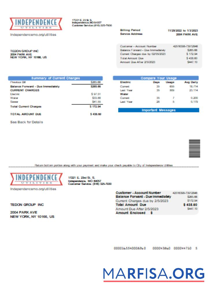Downloadable City of Independence Utilities Center (IUC) utility business bill, SCR real example